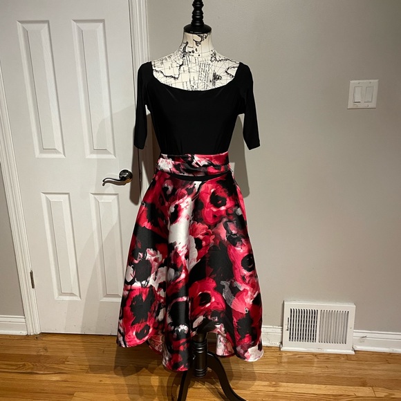Off Shoulder Fit Flare Marble Water Floral Print Asymmetric Belt Evening Formal - Picture 1 of 6